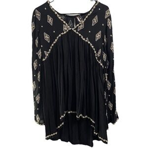Free People Women's Black Diamond Embroidered Tunic Bell Sleeve Dress Sz. XS